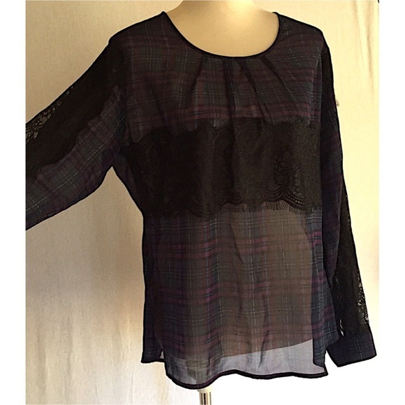 Kardashian Collection sheer chiffon lace plaid blouse - Picture 3 of 8
